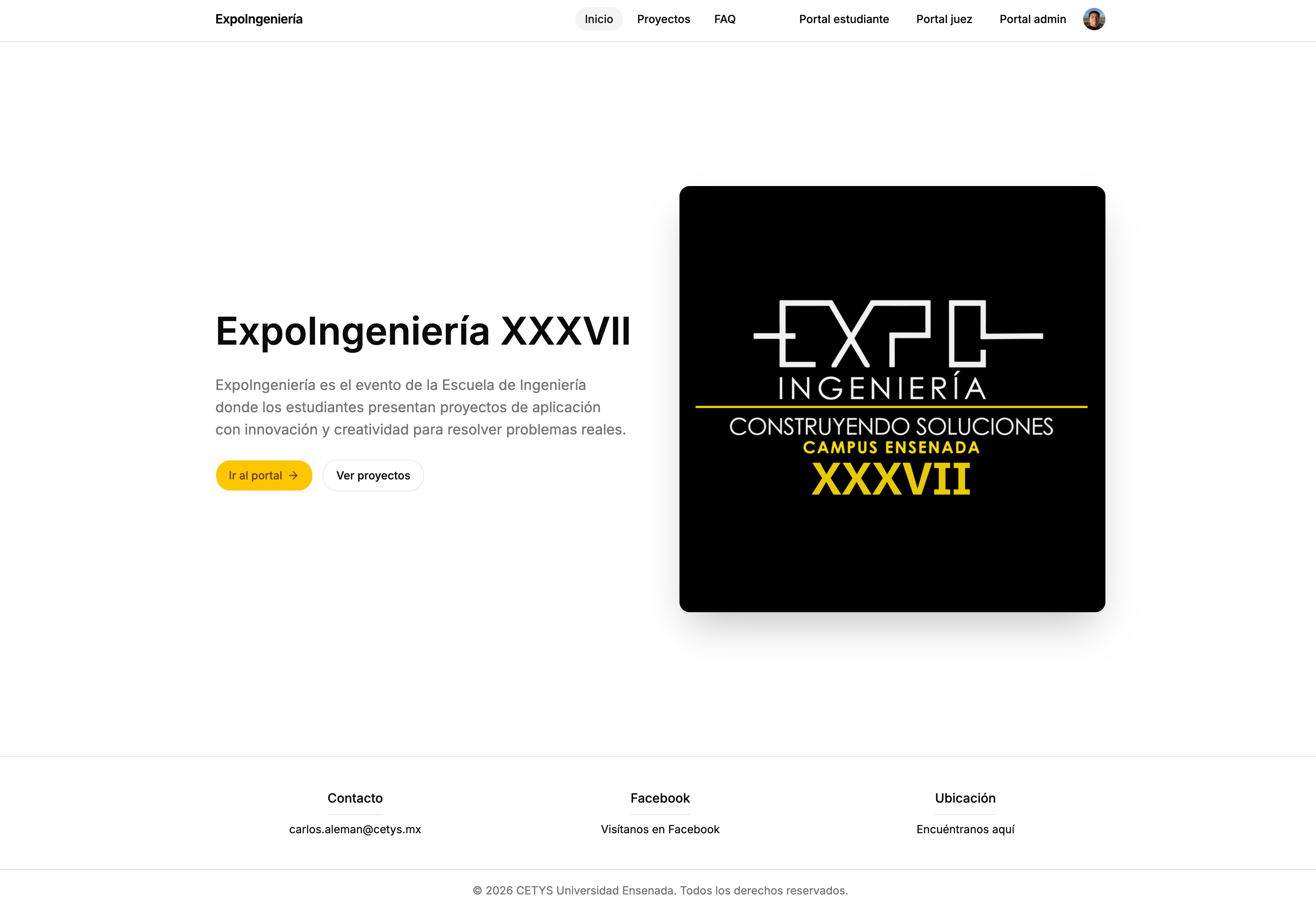 Expoingenieria — real-time evaluation platform built for CETYS Universidad (landing, projects, admin) (1/3)
